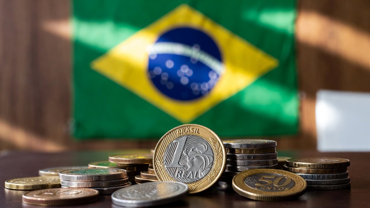Bandeira do Brasil ao fundo com moedas em primeiro plano, simbolizando investimento seguro no Tesouro Direto
