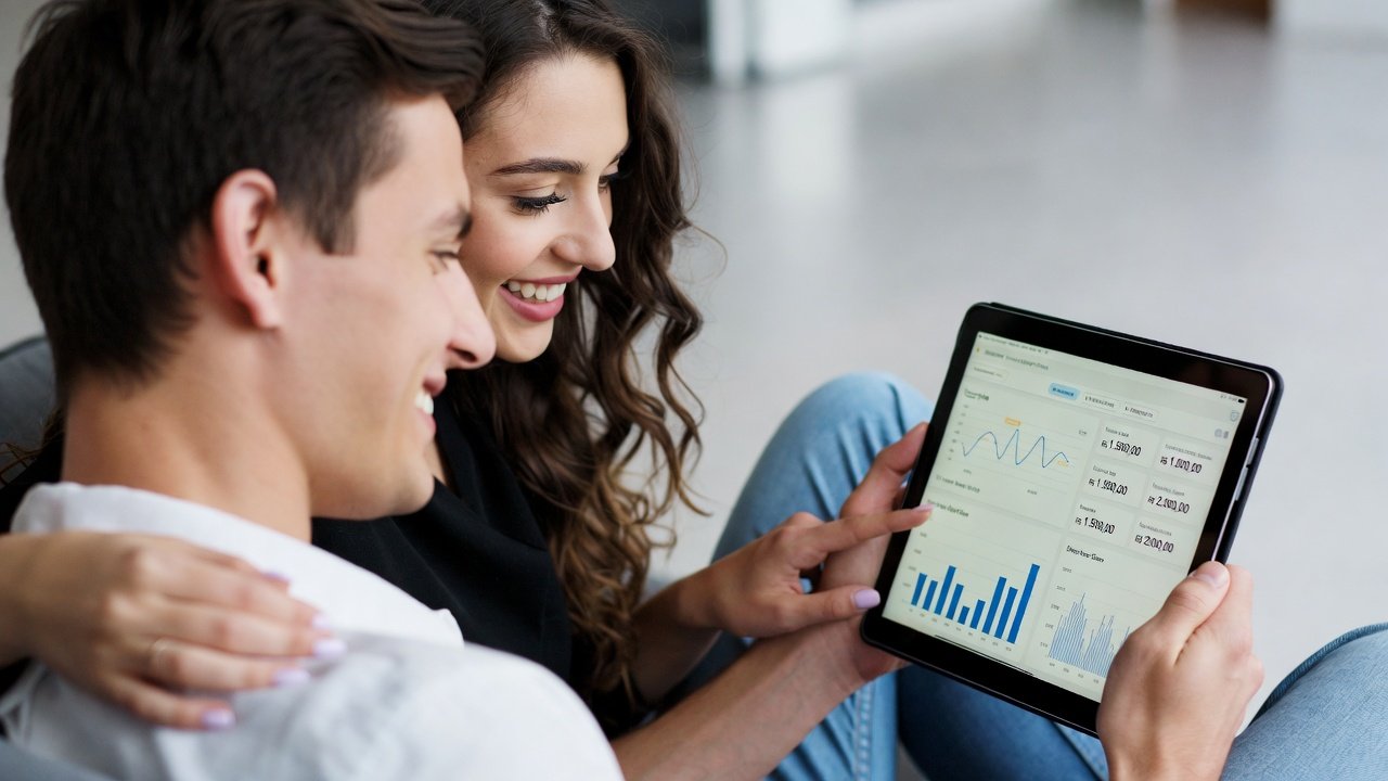 Casal jovem sorrindo e conversando enquanto analisam um tablet com gráficos de orçamento pessoal