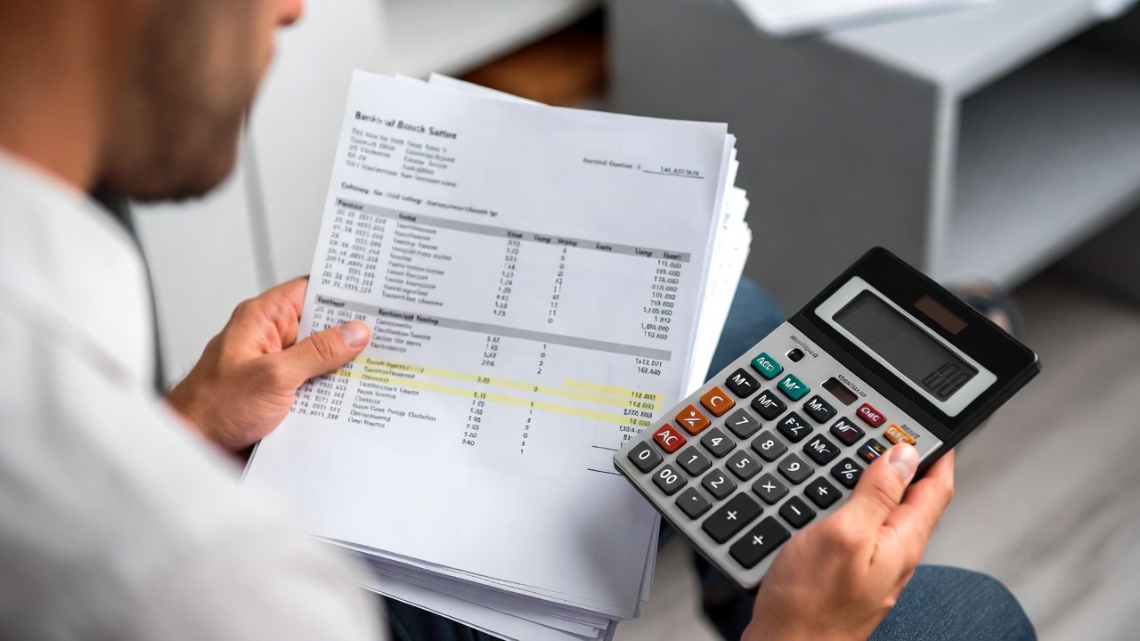 Pessoa analisando extratos bancários com uma calculadora, ilustrando o conceito de como economizar dinheiro através do diagnóstico financeiro