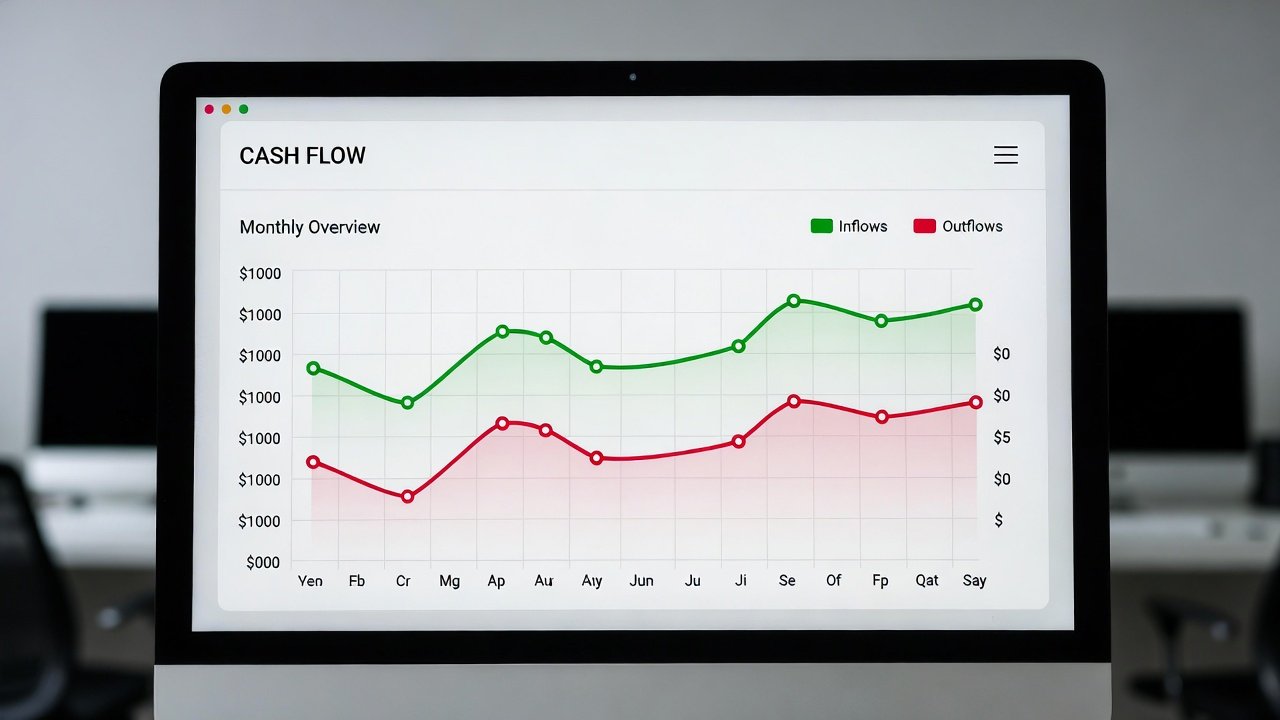 Um gráfico mostrando entradas e saídas de caixa em equilíbrio, representando um fluxo de caixa saudável