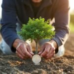 : Ilustração de uma pessoa plantando uma moeda que cresce como uma árvore, simbolizando o crescimento do dinheiro através dos investimentos