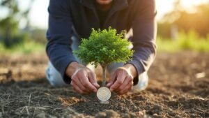 : Ilustração de uma pessoa plantando uma moeda que cresce como uma árvore, simbolizando o crescimento do dinheiro através dos investimentos