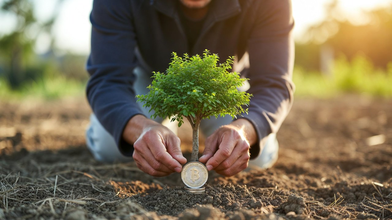 : Ilustração de uma pessoa plantando uma moeda que cresce como uma árvore, simbolizando o crescimento do dinheiro através dos investimentos