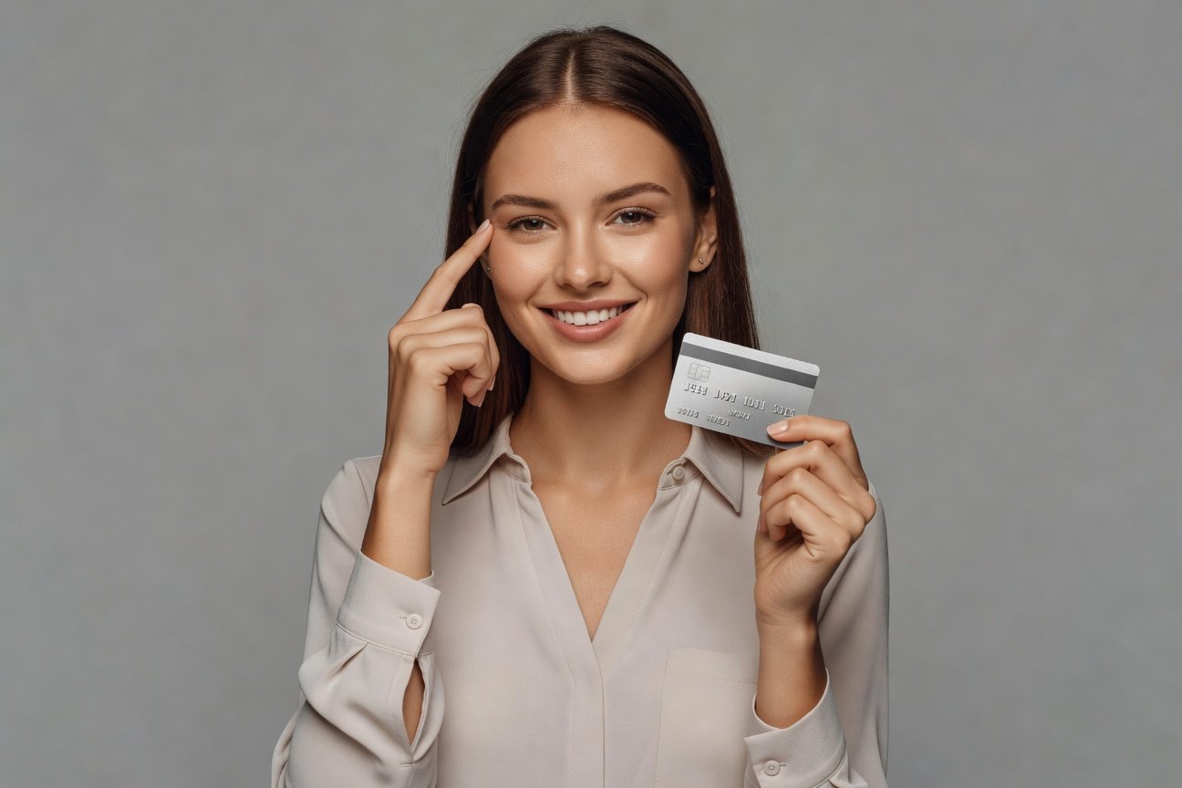 Mãos segurando cartão de crédito sobre mesa com documentos financeiros e calculadora, representando planejamento financeiro consciente