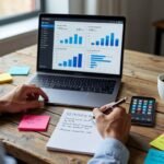 Empreendedor de pequeno negócio planejando estratégias de marketing digital em mesa de trabalho com laptop, celular e anotações