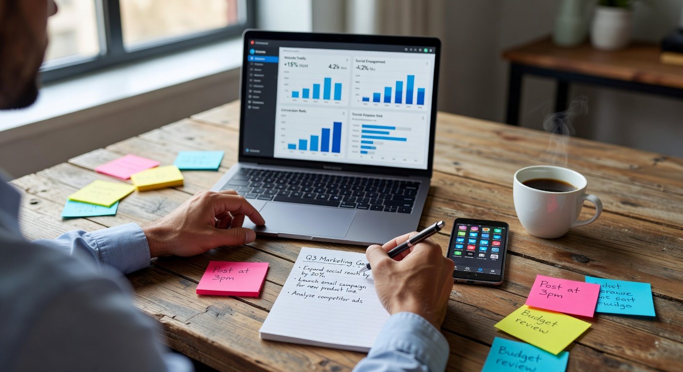 Empreendedor de pequeno negócio planejando estratégias de marketing digital em mesa de trabalho com laptop, celular e anotações
