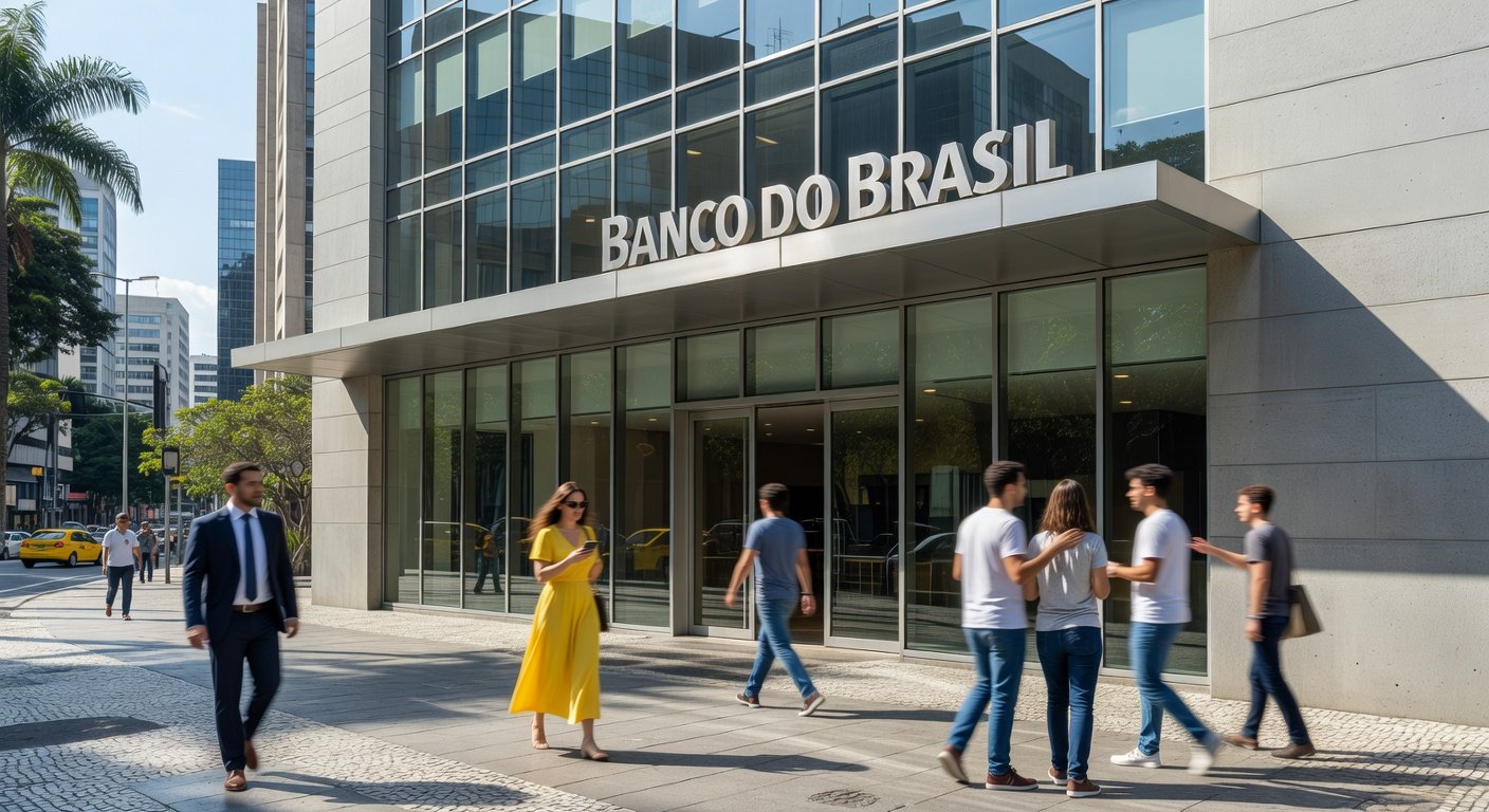 Fachada de agência bancária brasileira com pedestres passando na calçada, representando instituições financeiras participantes do programa