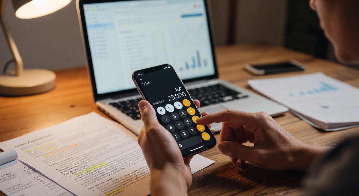 Pessoa usando calculadora no celular para calcular dívidas, com documentos financeiros ao fundo