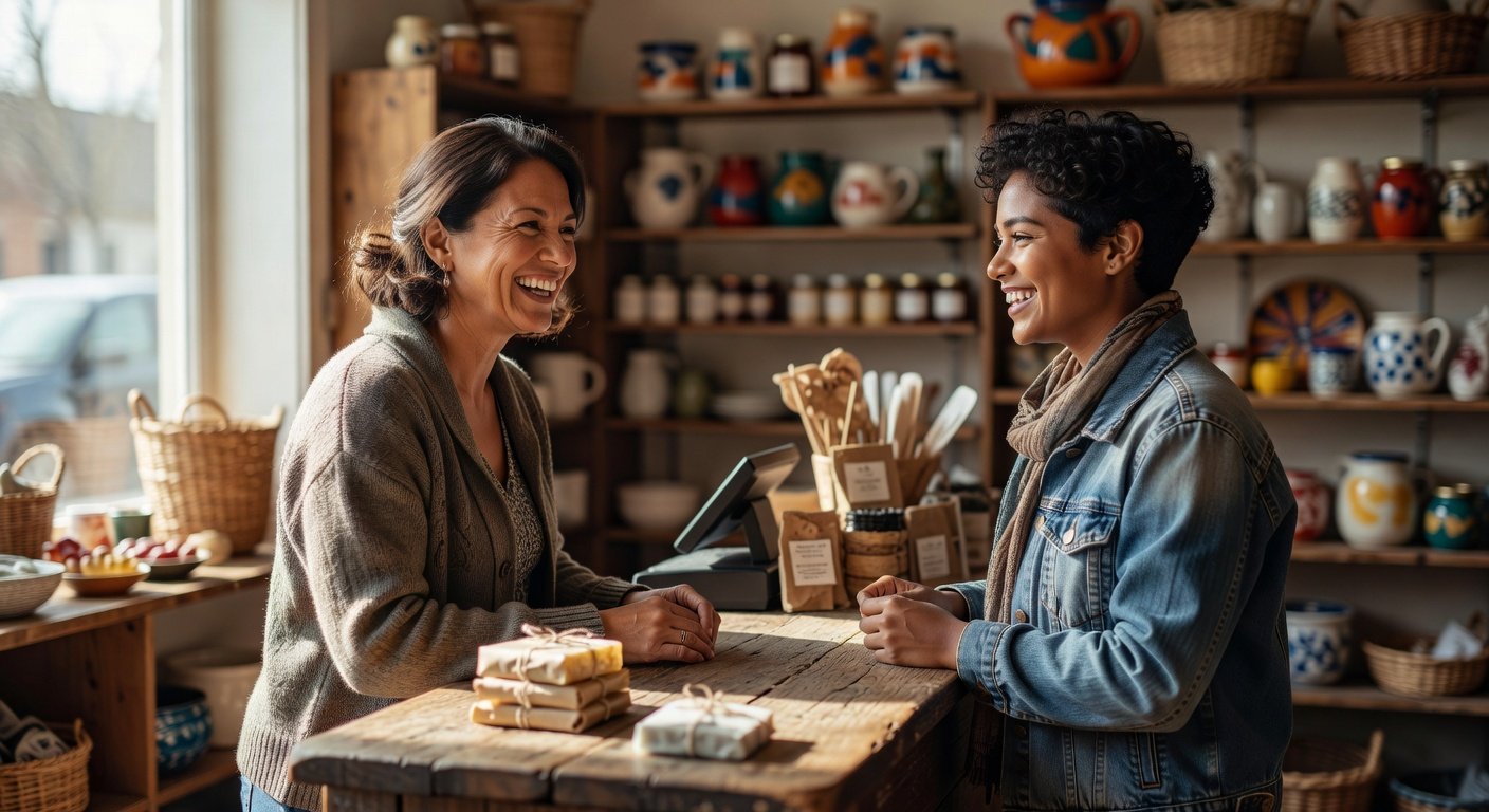 Proprietário de pequeno negócio atendendo cliente satisfeito em loja local com atendimento personalizado
