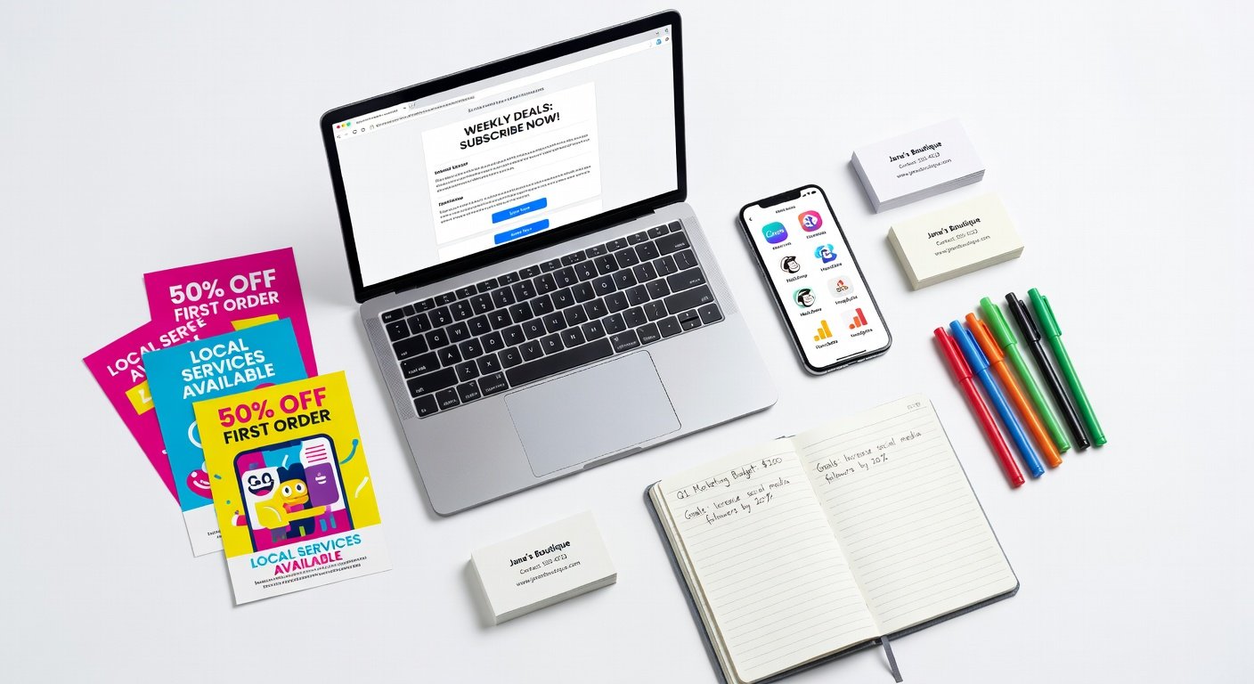 Ferramentas de marketing de baixo custo para pequenos negócios incluindo flyers, cartões de visita e aplicativos gratuitos