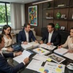 Família brasileira de alto patrimônio em reunião com assessores financeiros analisando documentos de investimentos internacionais em escritório moderno